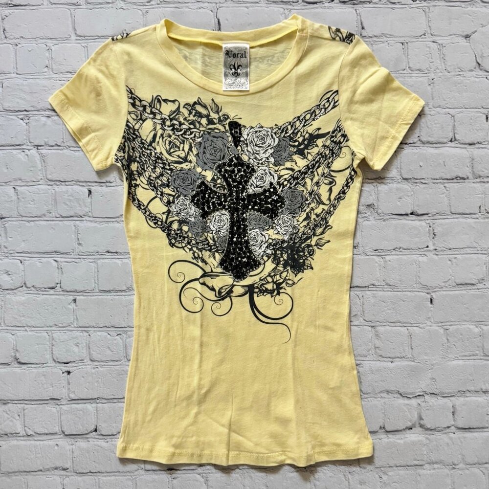 New Vocal Apparel Womens Crystal Banana Yellow Cross Rosary Roses Bling Shirt S